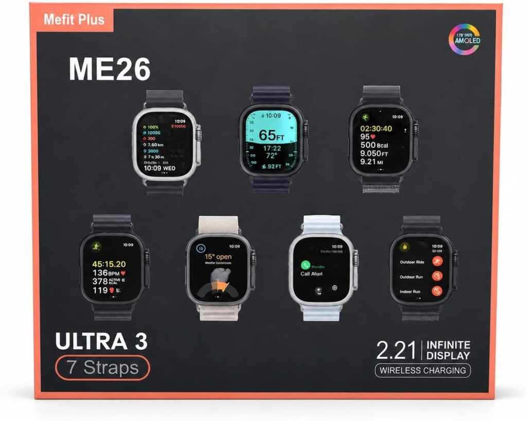 ساعة ذكية Mefit Plus ME26 Ultra 3 بشاشة 2.21 بوصة AMOLED – شحن لاسلكي – 7 أساور هدية – مكالمات بلوتوث ومتوافقة مع جميع الهواتف (اسود)