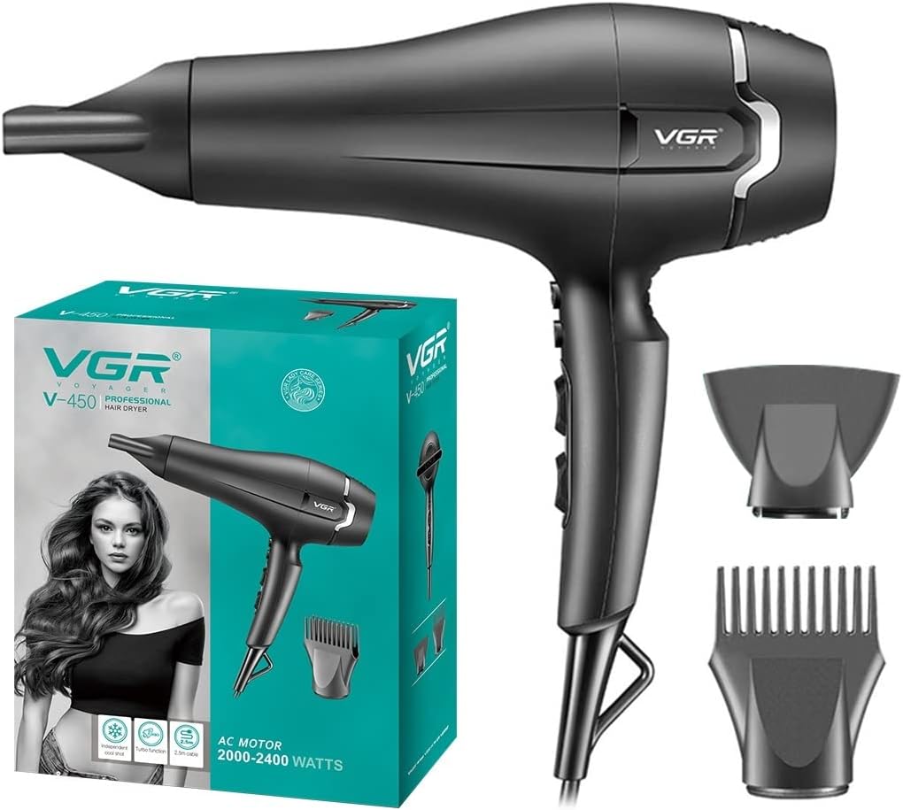 مجفف شعر V-450 الاحترافي من سلسلة صالونات التجميل 2000-2400 وات بمحرك تيار متردد من في جي ار، 3 إعدادات حرارة مستقلة لتصفيف الشعر البارد وفوهة مكثف للحماية من الحرارة الزائدة مع وظيفة تربو وإعدادين