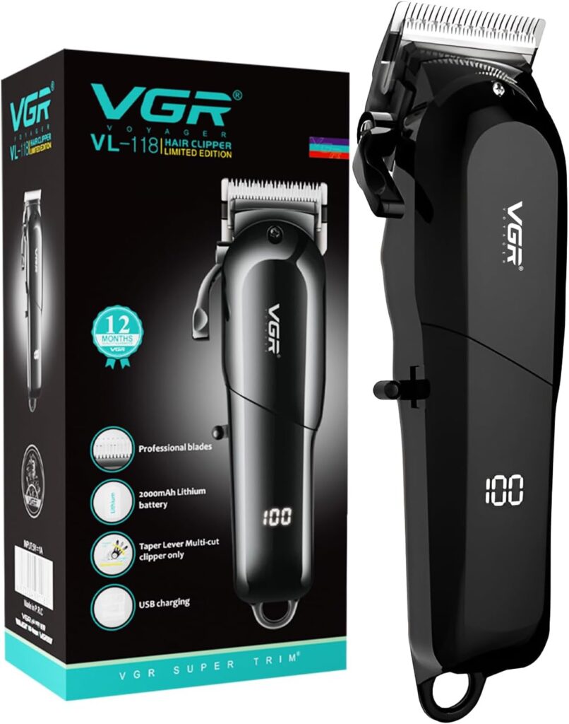 ماكينة حلاقة الشعر الاحترافية السلكية واللاسلكية V-118 مع شاشة LED و6 اعدادات للطول | وقت تشغيل 200 دقيقة (اسود) من في جي ار