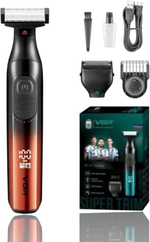 ماكينة حلاقة وتشذيب شعر الجسم بالكامل 2 في 1 سوبر تريم من في جي ار، موديل V-361، شحن بمنفذ USB، مقاومة للماء بمعيار IPX6، شاشة ال اي دي، بطارية ليثيوم 500 مللي أمبير في الساعة