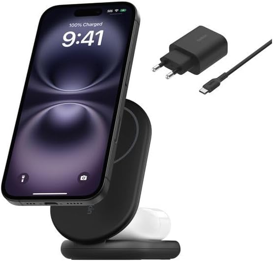 شاحن من بيلكن بمنفذ USB-C متوافق مع آيفون 12 و13 و14 و15 و16 بمنفذين وقدرة 15 واط مع خاصية الشحن اللاسلكي وتقنية ماج سيف