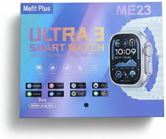 ساعة ذكيه ME23 Ultra 3 – شاشة كاملة 2.20 ملم – قياس نبض وضغط الدم – مكالمات – رياضية متعددة – 7 ستراب اضافي (اسود)