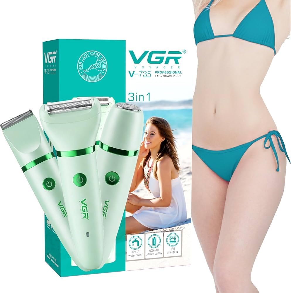 طقم ماكينة حلاقة وتشذيب V-735 احترافية 3 في 1 للنساء من في جي ار، مقاومة للماء بمعيار IPX7، قابلة لإعادة الشحن عبر منفذ USB نوع C، لتشذيب شعر الجسم والبيكيني والوجه، (أخضر)