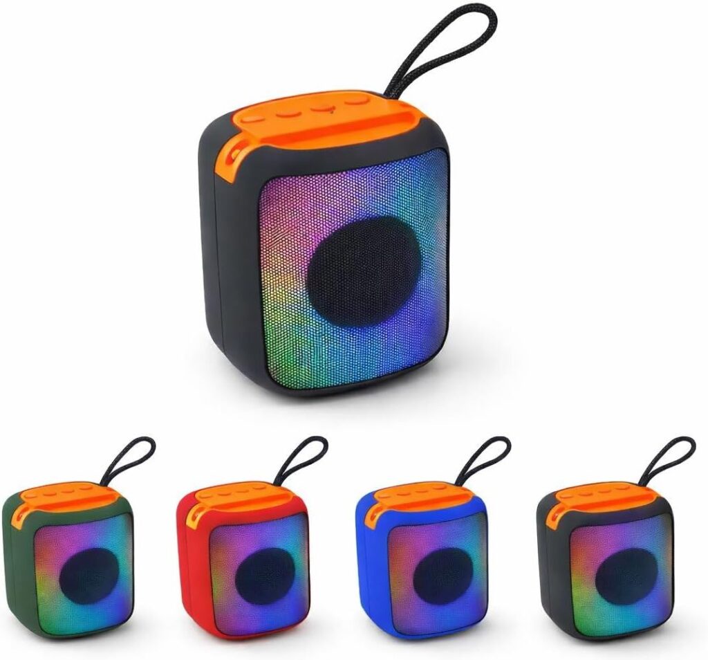مكبر صوت بلوتوث محمول مع إضاءة LED ملونة، حامل موبايل، منفذ AUX و USB، فتحة بطاقة Micro SD، بطارية قابلة لإعادة الشحن، متعدد الألوان