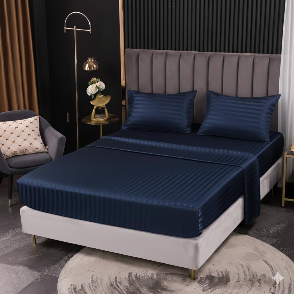 ملايات استيك سترايب قطن ستان عالية الجودة من ( QBED ) (كحلي, 160 * 200 * 30 CM)