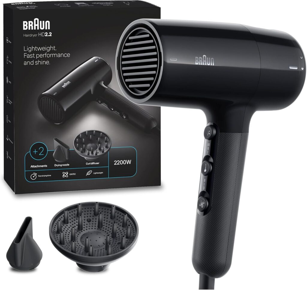 مجفف شعر HD 2.2 BRHD225SDE بقوة 2200W من براون، بتقنية الأيونات لشعر خالٍ من التجعد، 3 إعدادات للحرارة والسرعة، وظيفة الهواء البارد، فوهة توزيع الهواء، تصميم أسود مريح، BRHD225E